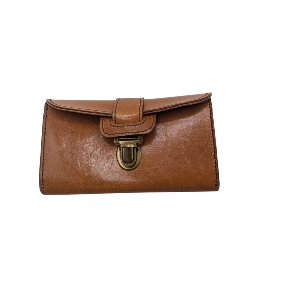Vintage-Style Brown Leather Clutch Wallet With Brass Turn-Lock Closure Multiple - Picture 9 of 12